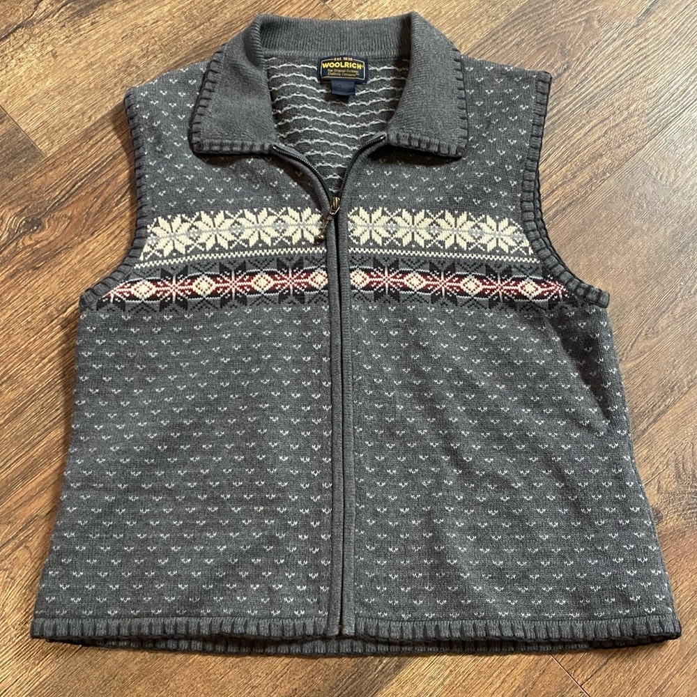 Woolrich Women Zip-Up Fair Isle Vest Gray Red Cream